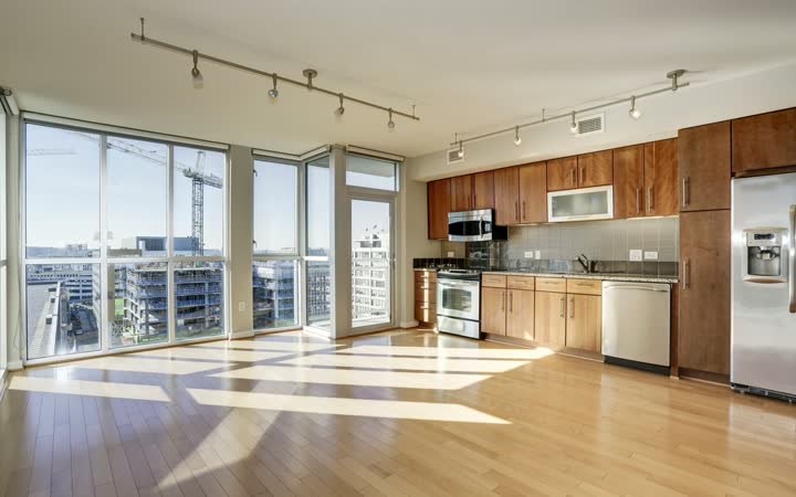 Empty apartment with kitchen, ready after a move-out clean